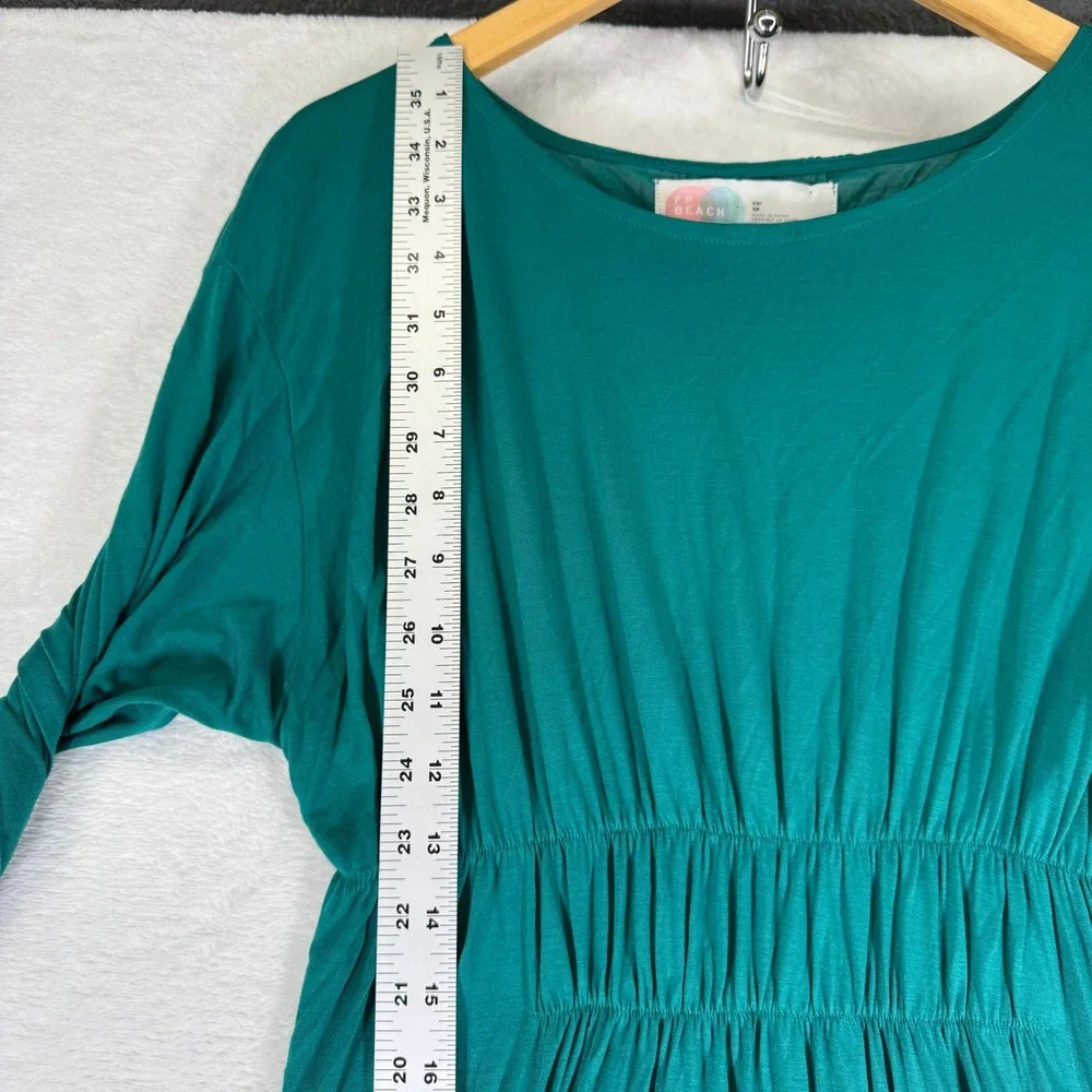 FP Beach Free People Teal Green Smocked Waist High-Low Maxi Dress XS Long Sleeve